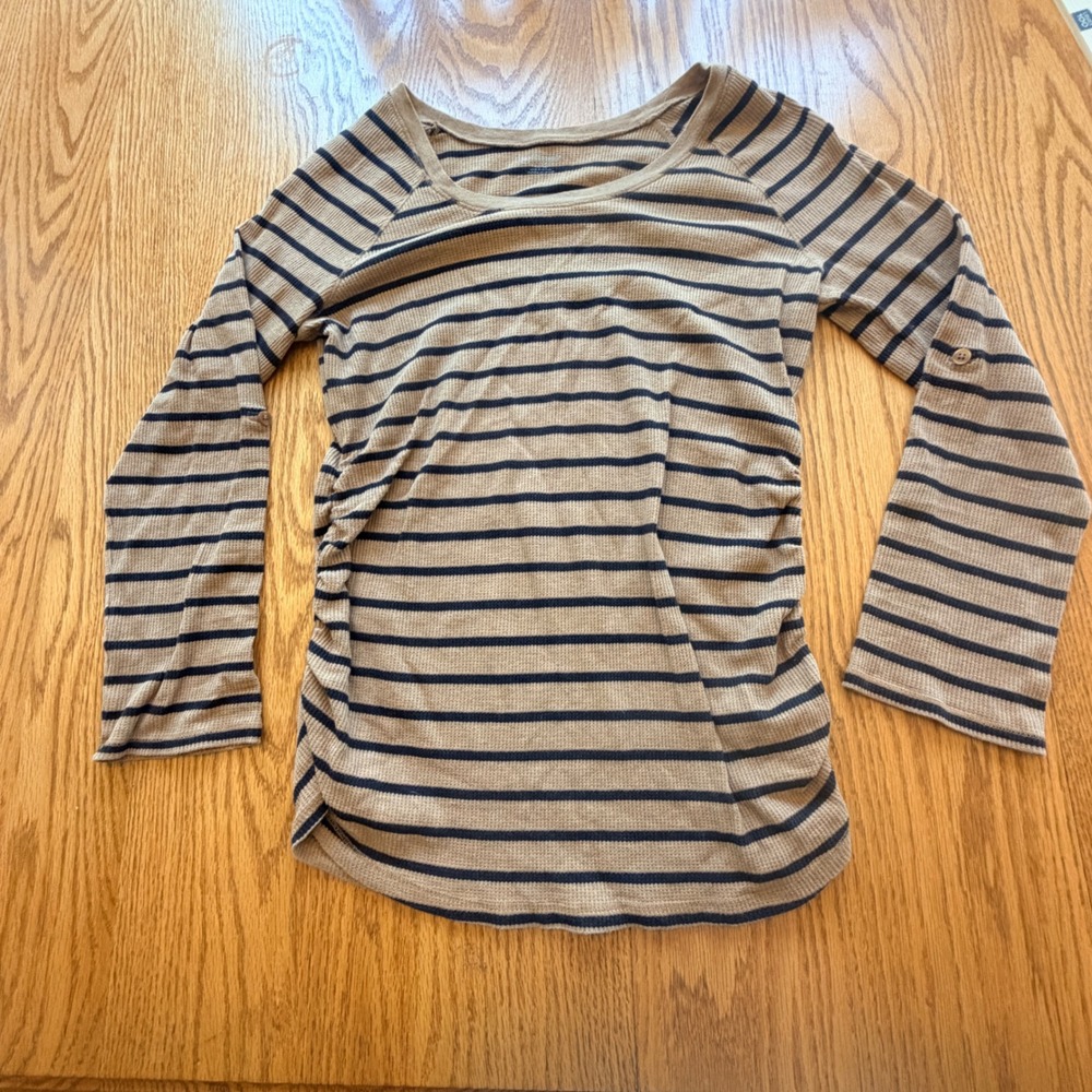 Motherhood Maternity Striped Waffle Knit Top Women XL Stretch Ruched Long Lengh